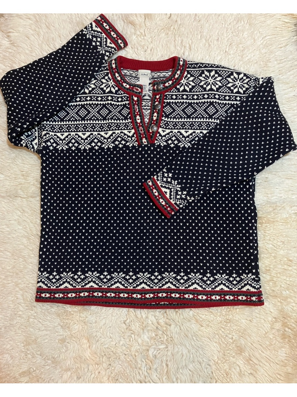 LL Bean Sweater Cotton Fair Isle Nordic 1/4 Button Made In Australia EUC